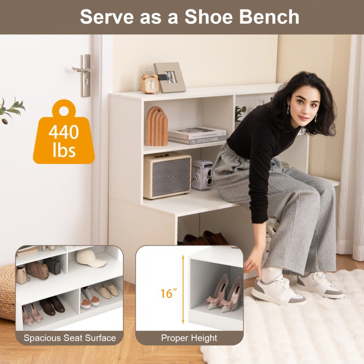Entryway shoe cabinet in white with spacious seat surface, 4-cube storage, and anti-tipping kits for safety.