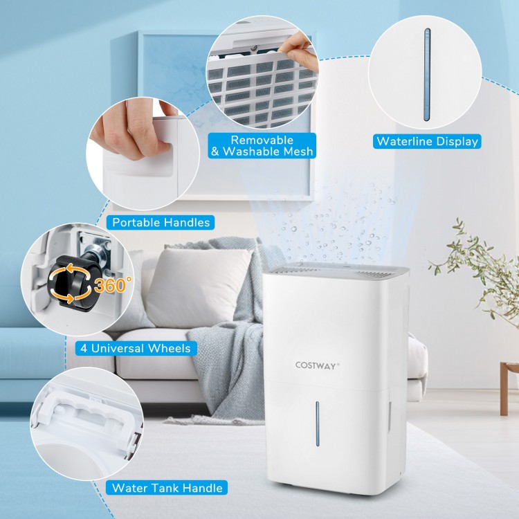 65 pints dehumidifier with LED display, portable handles, and 4 wheels for easy mobility in a modern living space.