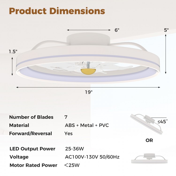 19-inch low-profile ceiling fan with adjustable LED, 6-speed settings, and reversible blades for rooms up to 215 sq.ft.