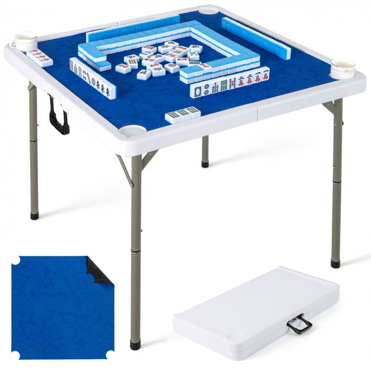 Folding 35-inch mahjong table with navy felt surface, cup holders, and sturdy frame for four players, ideal for parties.