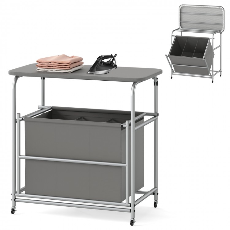 3-section gray laundry sorter with foldable ironing board, removable cover, and lockable wheels for easy sorting and.