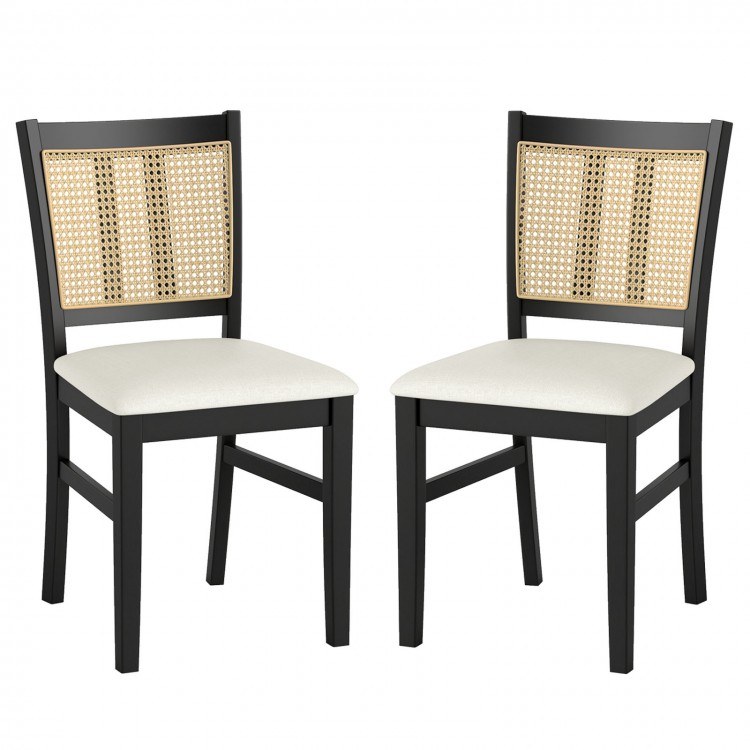 Set of 2 Farmhouse Rattan Dining Chairs with rubber wood legs and cane backs, featuring beige padded seats for comfort.