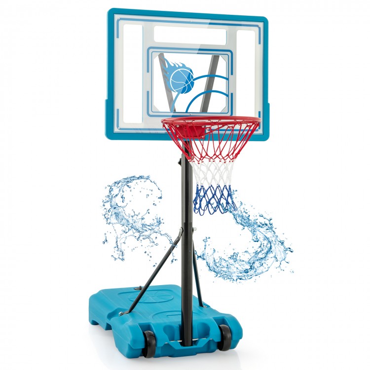 Adjustable pool basketball hoop with shatterproof backboard, 3.8-4.4 ft height, and fillable base for stability.