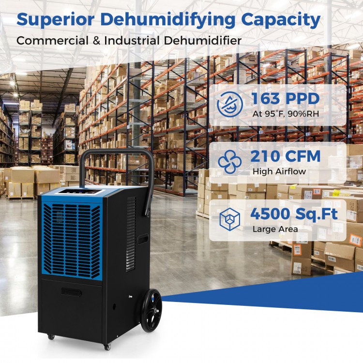 High-capacity 163 PPD commercial dehumidifier with wheels, ideal for basements and large areas, featuring a 24-hour.