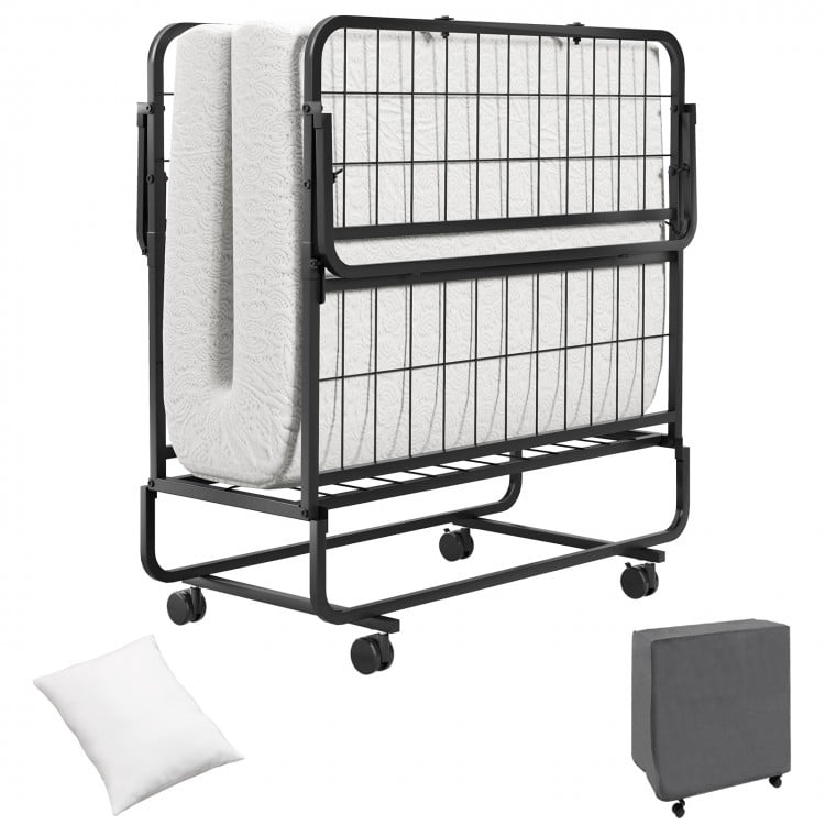 Twin folding bed with a 4-inch memory foam mattress and pillow, designed for easy storage and portability.