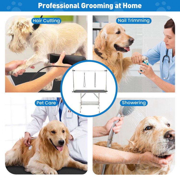 Foldable dog grooming table with height adjustable arms, ideal for pet care, showering, and nail trimming.