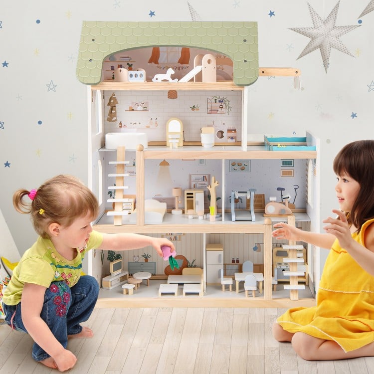 Wooden dollhouse with interactive rooms and 33 furniture pieces, promoting imaginative play for kids over 3 years old.