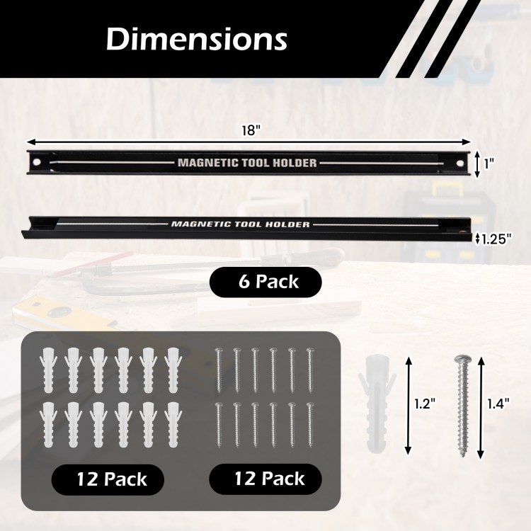 18-inch black magnetic tool holder strip with mounting screws, ideal for organizing tools in garage or workspace.