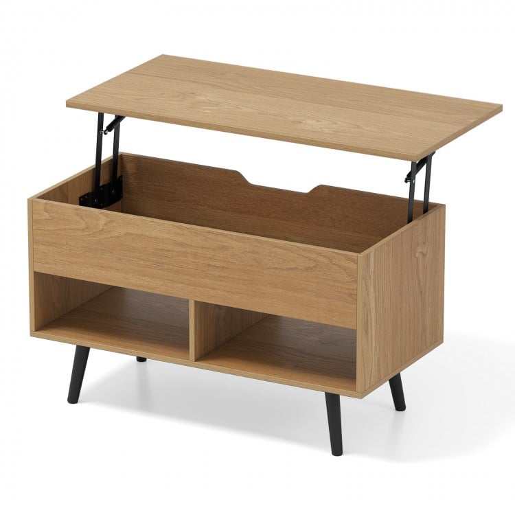 Lift-top coffee table in natural finish with hidden storage and two open shelves for versatile use and ample storage.