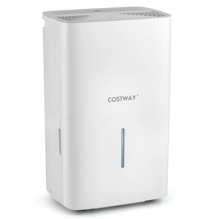 65 pints dehumidifier in white with LED display, 24-hour timer, and easy mobility for effective humidity control.