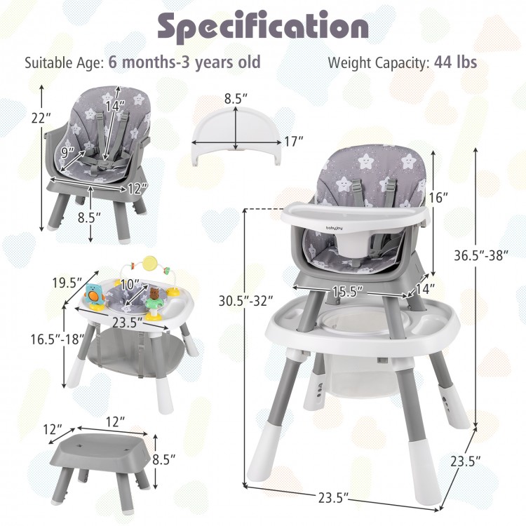 16-in-1 baby high chair in grey with adjustable height, activity center, and detachable tray for versatile use.