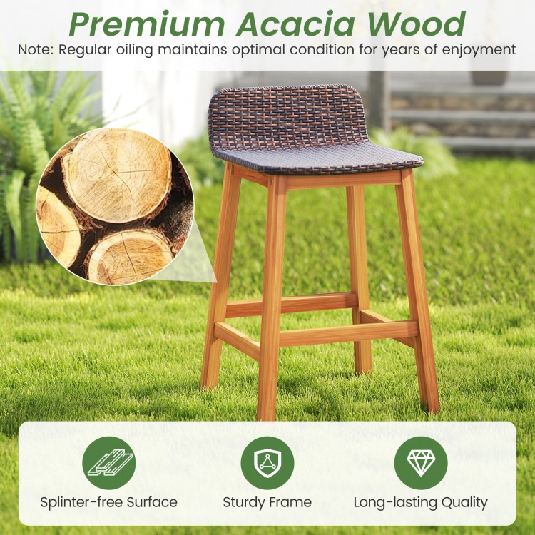 Solid acacia wood bar stool with backrest and footrest, featuring a PE rattan seat, perfect for porch or balcony use.