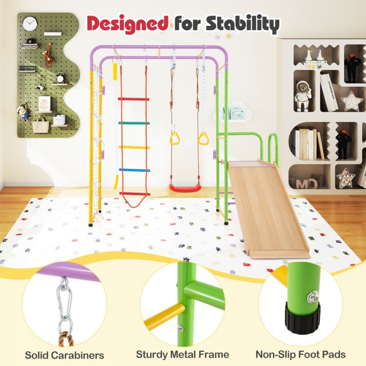 Multicolor indoor jungle gym with monkey bars, sturdy metal frame, and extended slide for kids over 3 years old.
