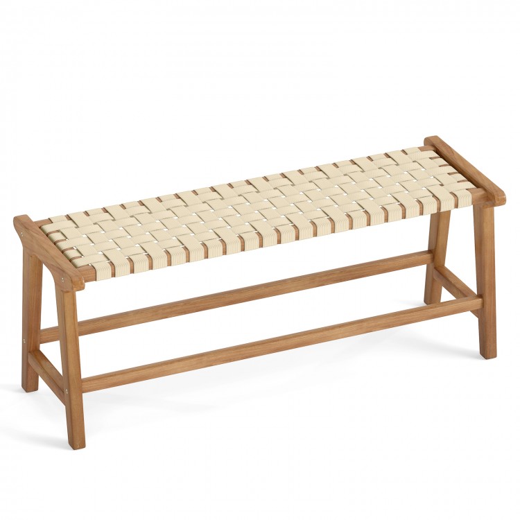 Teak wood patio bench with weave seat, 47 inches long, suitable for outdoor use, ideal for yards and patios.