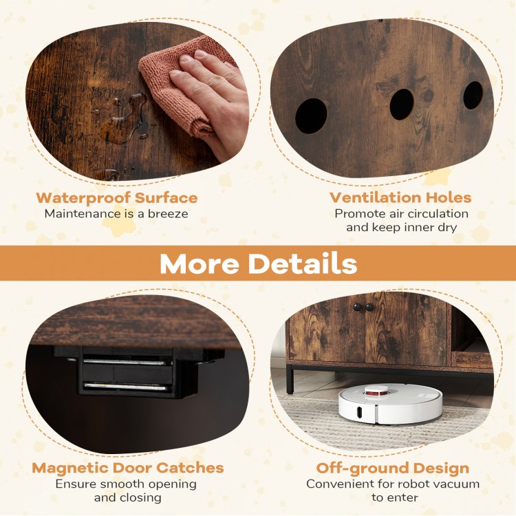 Detail of the 57-inch coffee cat litter box enclosure showing waterproof surface and ventilation holes for air.