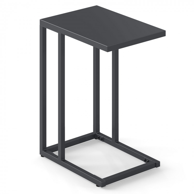 C-shaped side table in dark gray with a spacious tabletop and sturdy metal frame, perfect for living room or bedroom.