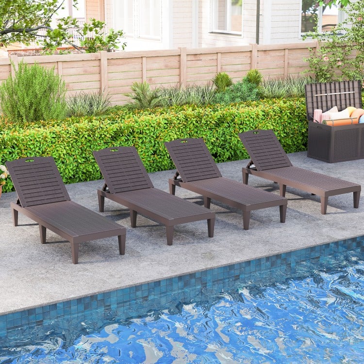 Set of two coffee-colored outdoor PP chaise lounge chairs with adjustable backrests, perfect for poolside relaxation.