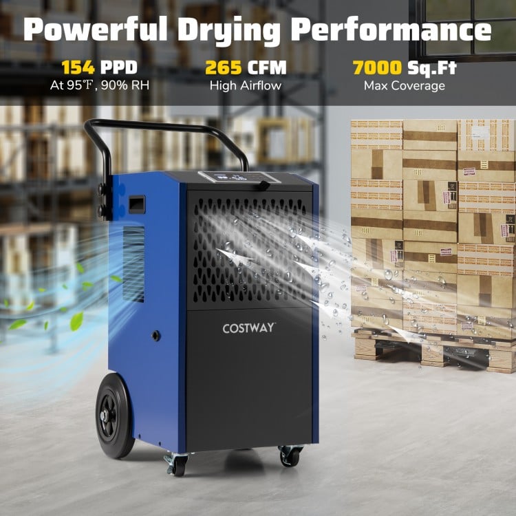 154 Pints commercial dehumidifier in blue with high airflow, ideal for large spaces up to 7000 sq.ft, featuring wheels.