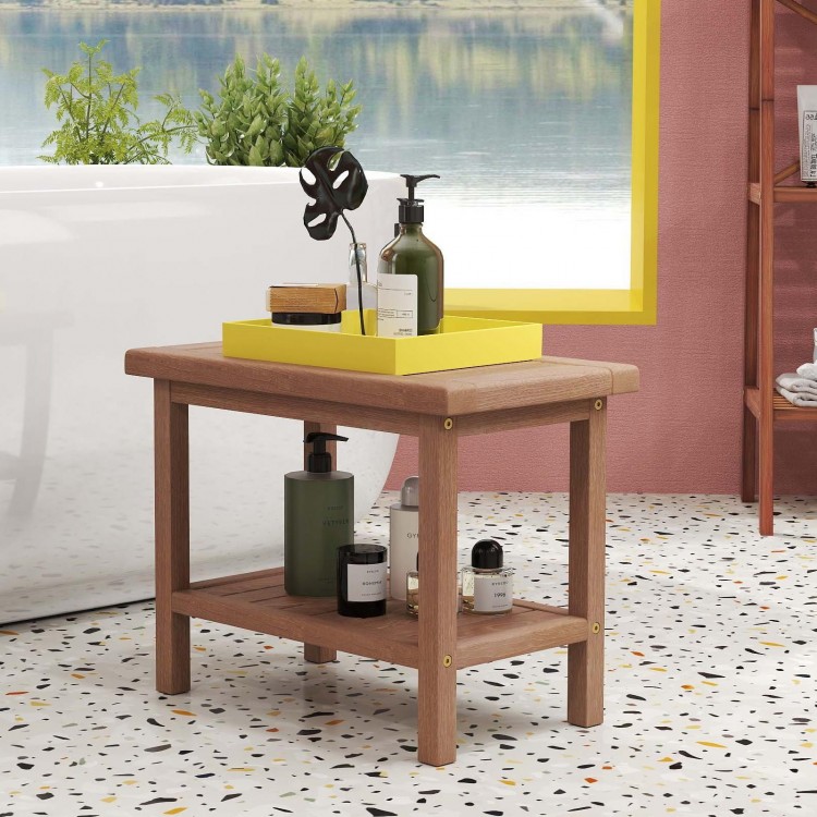 Teak utility bench with yellow tray, ideal for laundry supplies and towels, complements modern or rustic décor.