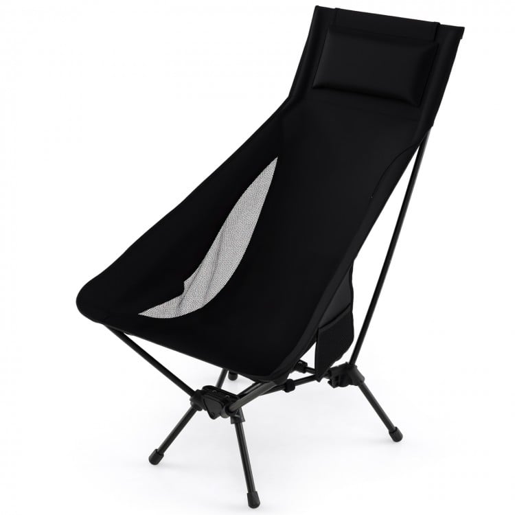 High back portable camping chair in black with ergonomic design, mesh fabric, and compact carry bag for easy transport.