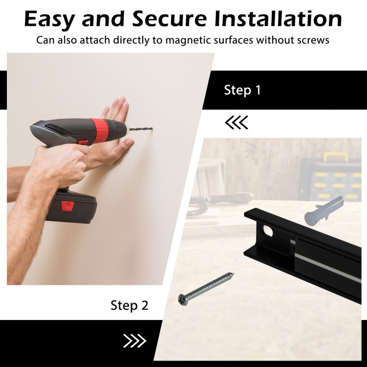 Installation steps for the 18-inch magnetic tool holder strip, showcasing easy mounting with screws or directly on.