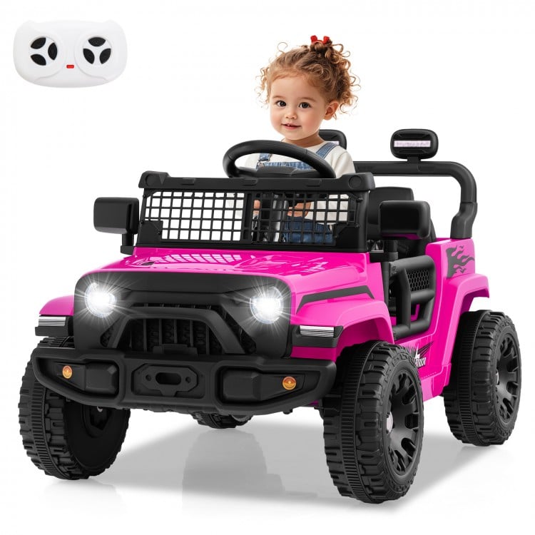 Bright pink 12V kids ride-on truck with remote control, LED headlights, and a safe seat belt for fun outdoor adventures.