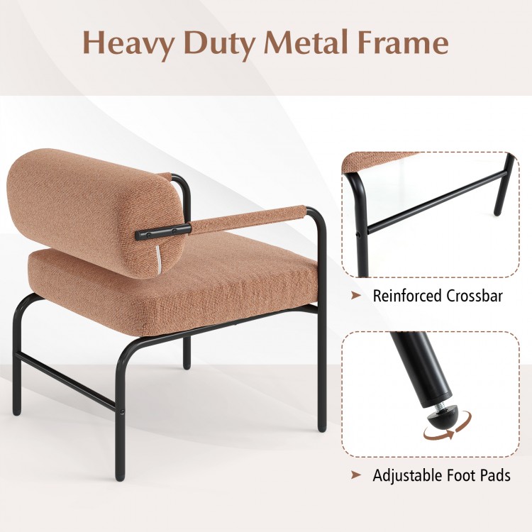 Velvet upholstered accent chair with cylindrical backrest and metal armrests, ideal for living rooms and home offices.