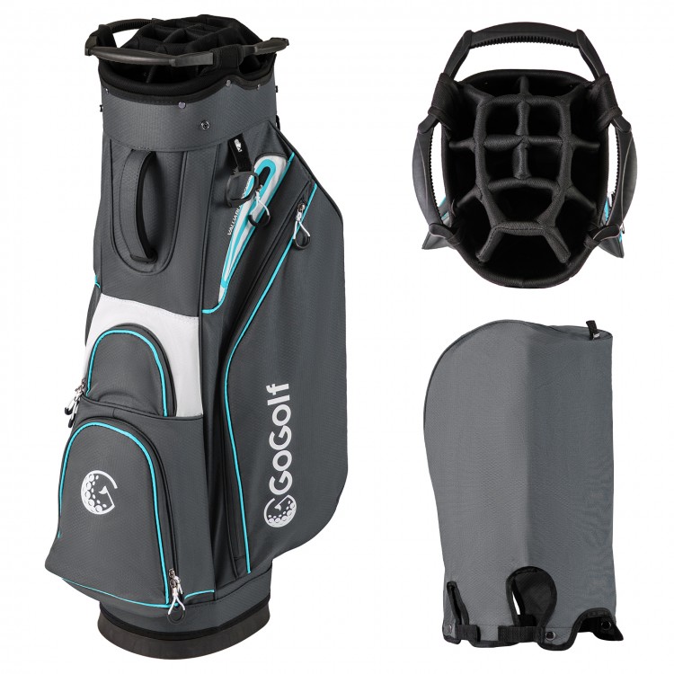 Lightweight gray golf cart bag with 14-way dividers, 6 zippered pockets, and adjustable shoulder strap for easy.