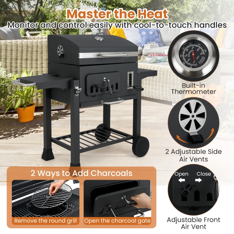 24-inch barrel charcoal grill with folding side tables, built-in thermometer, and adjustable air vents for precise.