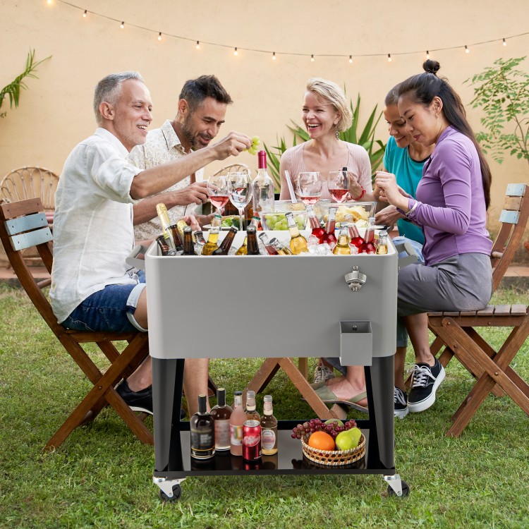 Portable gray patio cooler with bottom storage shelf, 80-quart capacity, and bottle opener, ideal for outdoor.