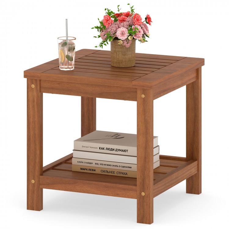 2-tier outdoor side table made of solid wood with a slatted top and storage shelf, perfect for patio or garden use.
