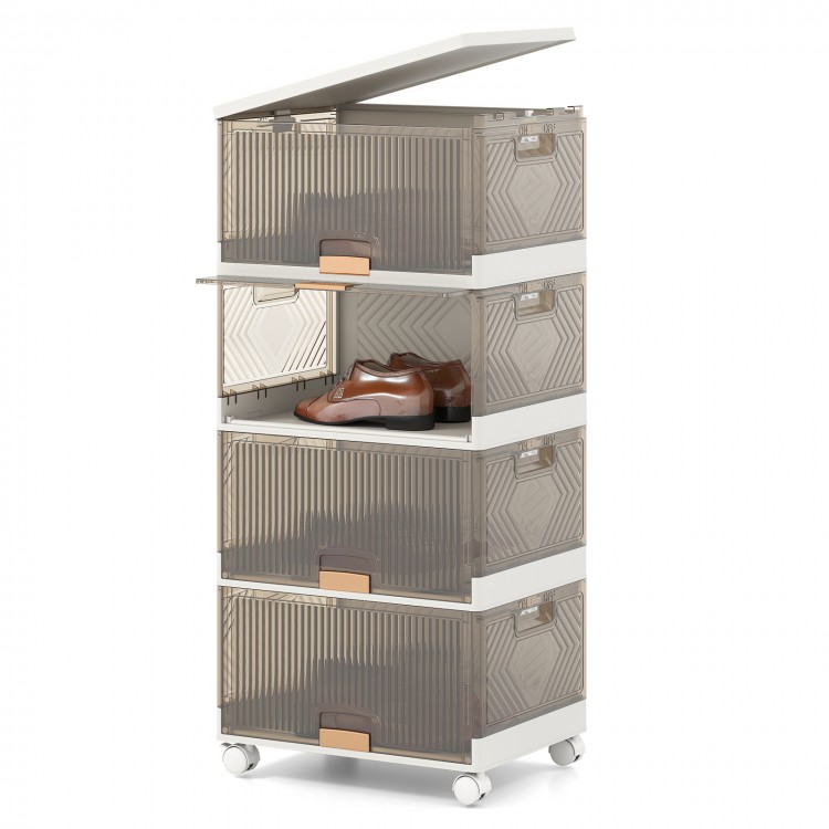 Four-cube stackable storage bin with detachable wheels, featuring a top and front opening for easy access and mobility.