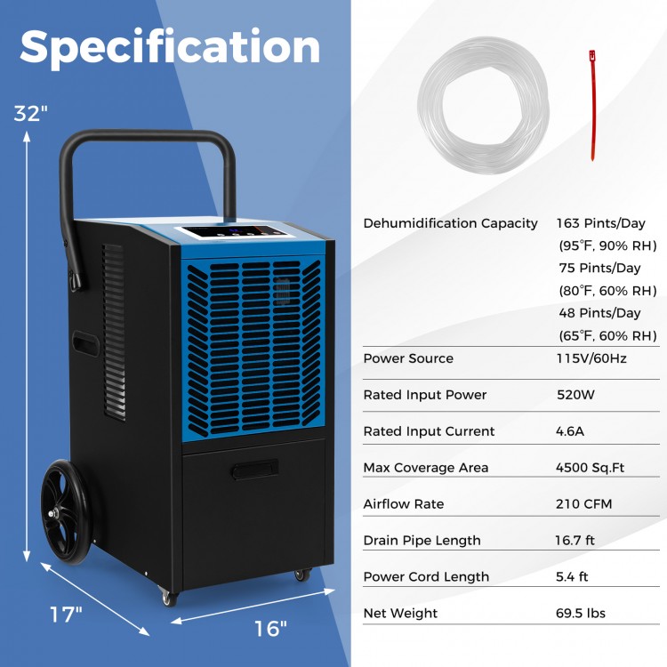 High-capacity commercial dehumidifier with 163 PPD capacity, 24H timer, and portable design for basement use.