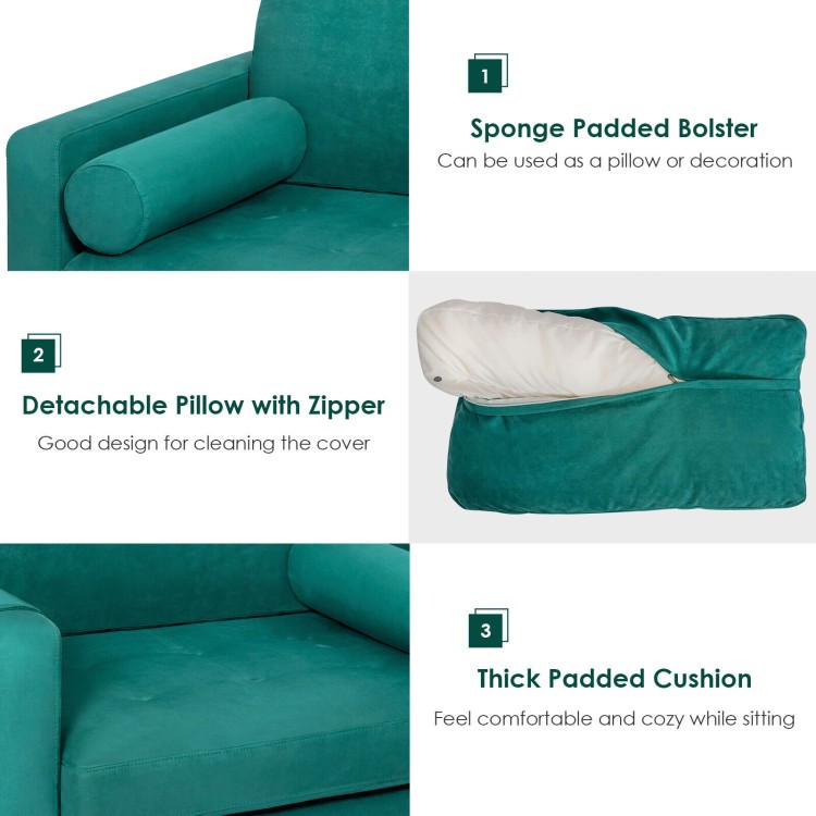 Detachable pillow with zipper and bolster on modern accent chair, made of skin-friendly suede fabric for comfort.