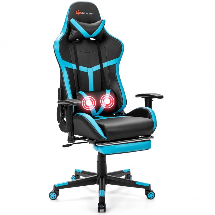 Reclining gaming chair in blue with lumbar support, footrest, and massage function for ultimate comfort and relaxation.