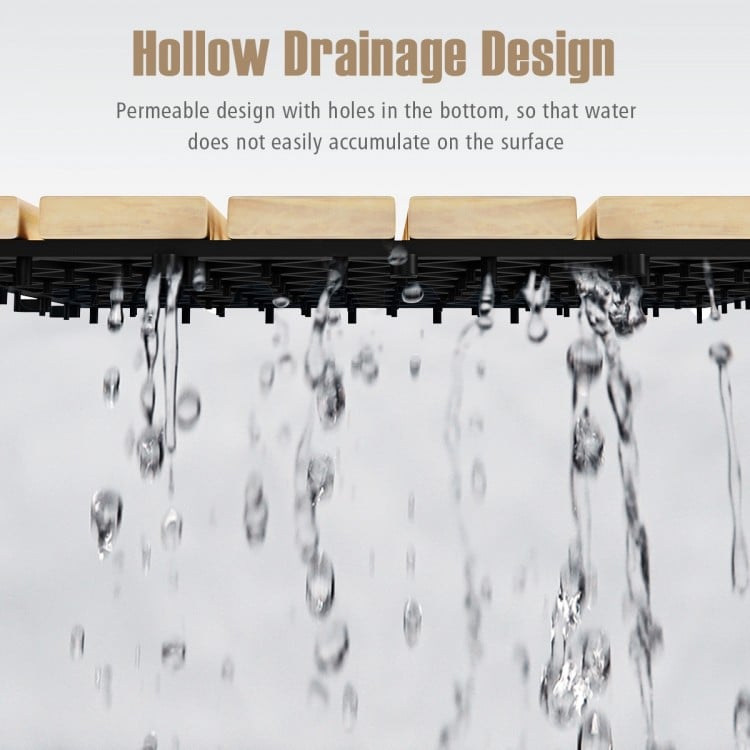 Hollow drainage design of acacia wood interlocking tiles allows water to flow through, preventing surface accumulation.