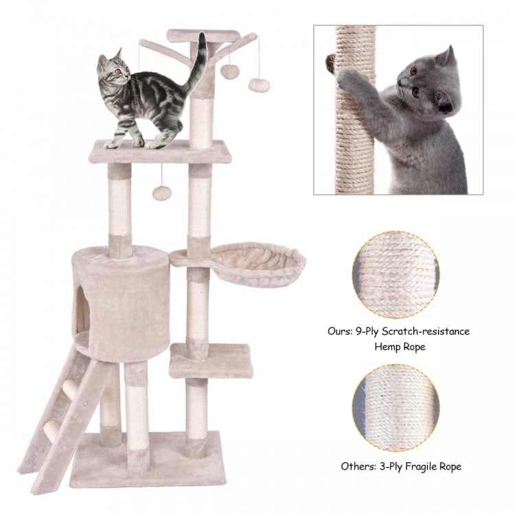 56-inch cat play tree with scratching posts, two platforms, and cozy hideaway, perfect for climbing and lounging.