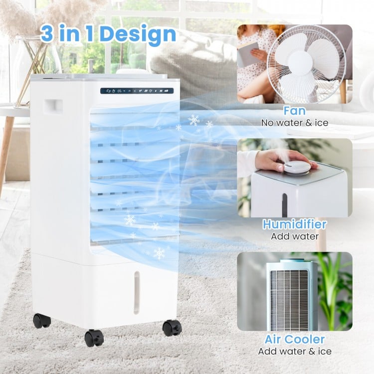 3-in-1 evaporative portable air cooler in white with remote control, featuring fan, humidifier, and air cleaner.