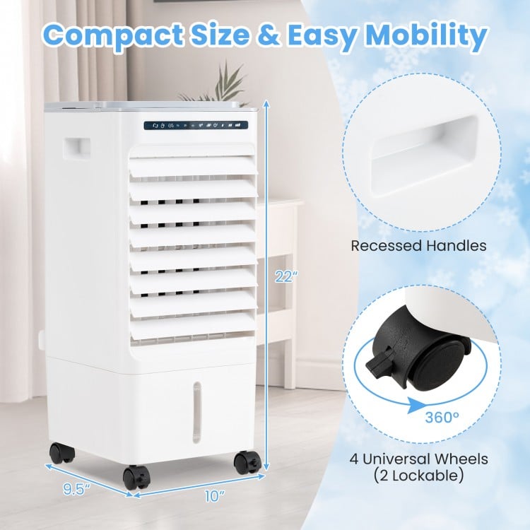 Portable air cooler with remote control, 3-in-1 design, compact size, and universal wheels for easy mobility.