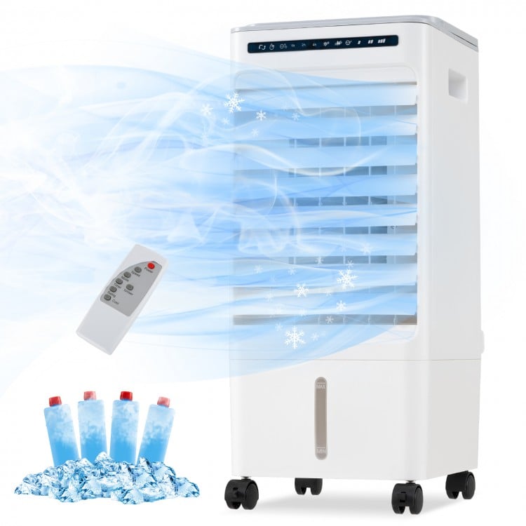 Portable air cooler with remote control, 3-in-1 design, oscillating feature, and compact size for easy mobility.