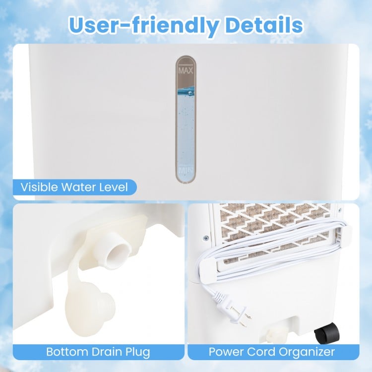 Visible water level and bottom drain plug of the 3-in-1 evaporative portable air cooler for easy maintenance.