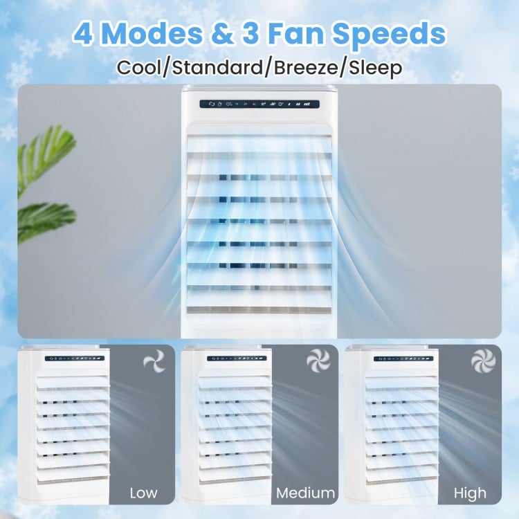 3-in-1 evaporative portable air cooler in white with 4 modes and 3 fan speeds for effective cooling and comfort.