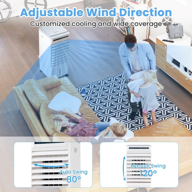 3-in-1 evaporative portable air cooler in white, featuring adjustable 80° oscillation and remote control for customized.