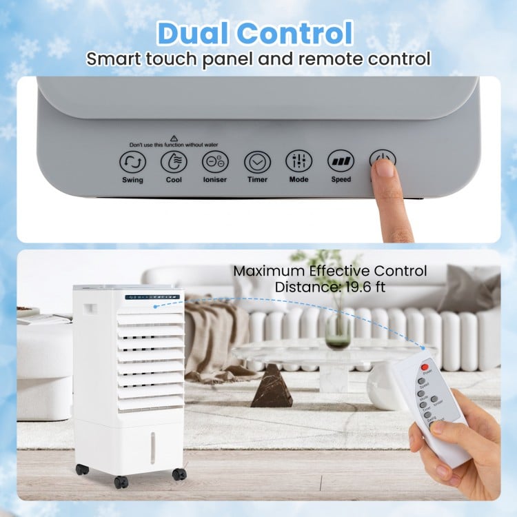 Portable air cooler with remote control and touch panel, featuring 3 modes, 3 speeds, and oscillating function for wide.