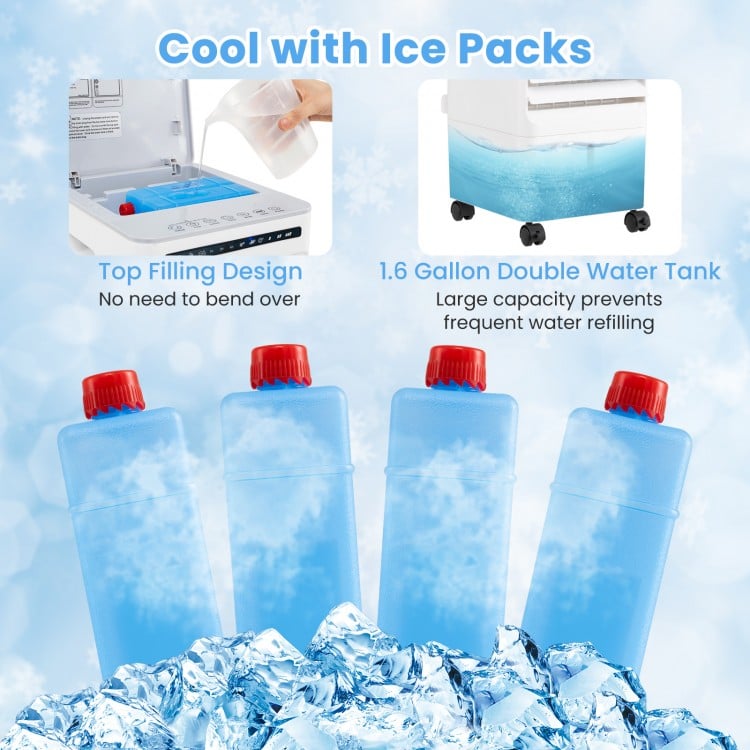 Portable air cooler with ice packs, 1.6-gallon water tank, and top filling design for efficient cooling and convenience.