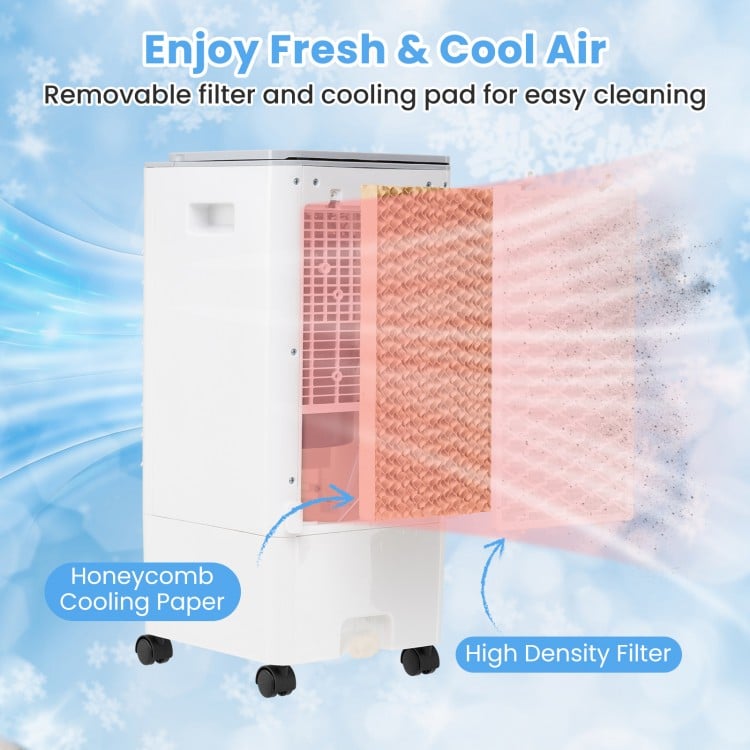 3-in-1 evaporative portable air cooler with honeycomb filter, remote control, and oscillating function for effective.