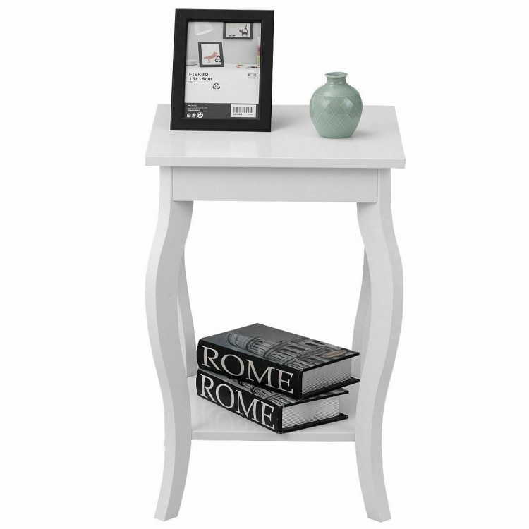 White accent sofa end side table with elegant curved legs, featuring a smooth surface and extra storage space.
