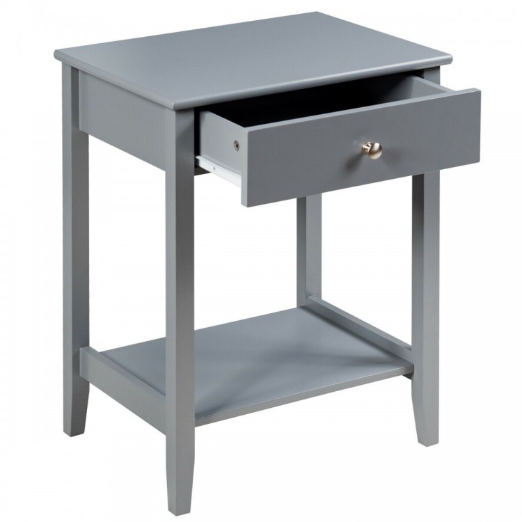 Gray bedside table with a spacious top, bottom shelf, and smooth sliding drawer, ideal for organizing essentials.