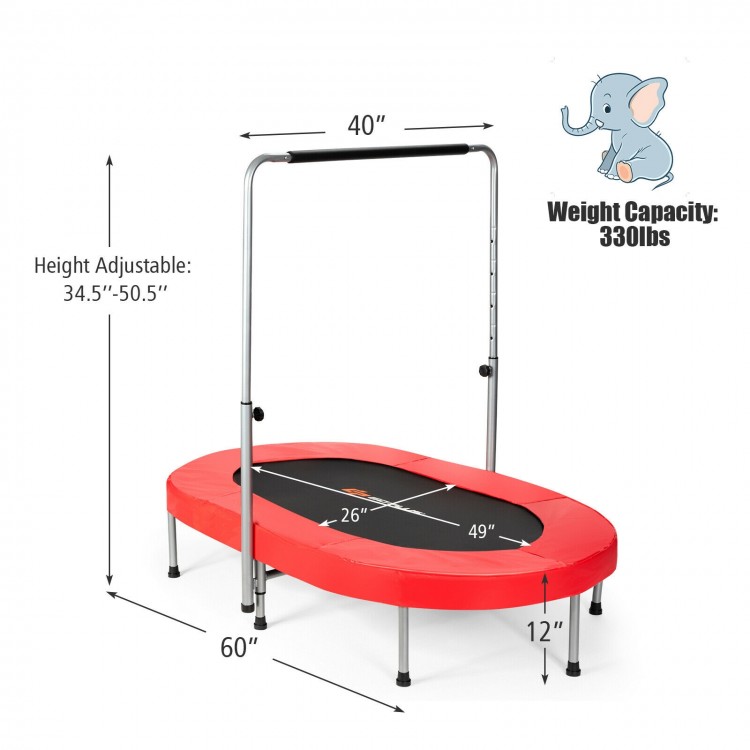 Foldable red mini trampoline for kids with adjustable height, sturdy frame, and foam-padded handle for safe bouncing.