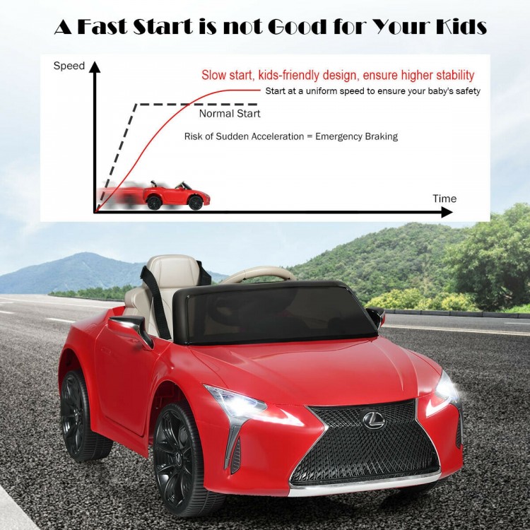 Lexus LC500 licensed kids' ride-on car in red with remote control, featuring slow start technology for safety.
